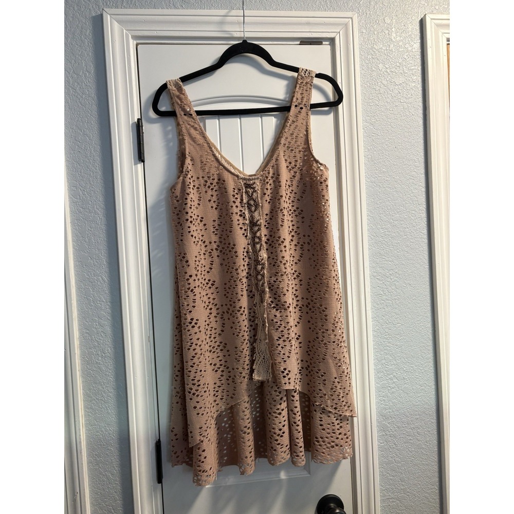 Free People Eyelet Lace Tunic Dress Large Tan Beaded High Low Boho Sleeveless